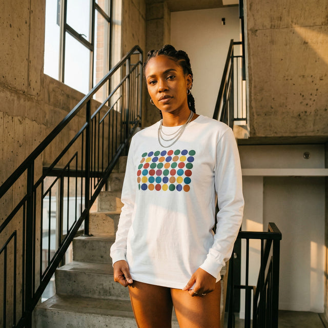 Female wearing a white hoodie with a colorful pattern in a modern indoor setting by a staircase
