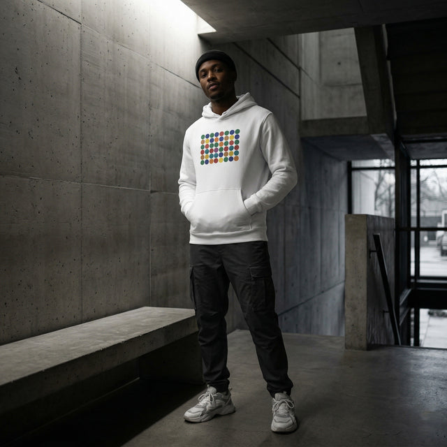 Person wearing a white hoodie with a colorful pattern in a modern indoor setting