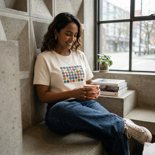 Woman sitting by a window holding a mug, wearing a white t-shirt with colorful polka dot design.