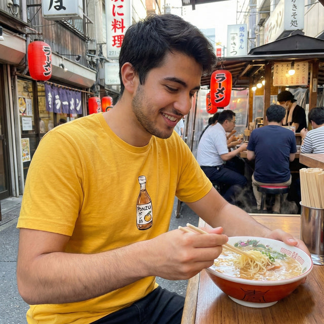 Man in a yellow shirt eating ramen in a street food setting with Japanese text and signs.