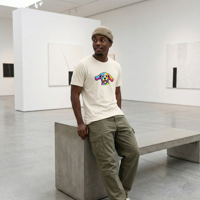 ICHINICHI vintage white t-shirt featuring colorful psychedelic pop-art dog graphic, worn by a male model in a minimalist modern art gallery setting.