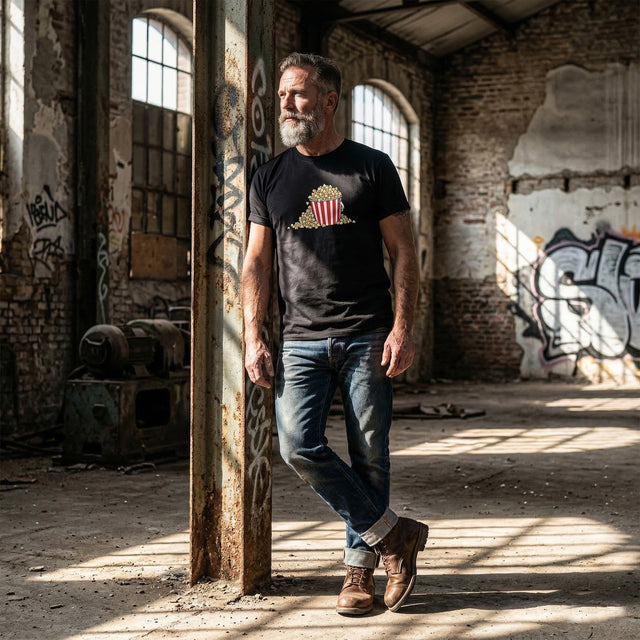 A man in his 50s with a beard, wearing a black popcorn graphic t-shirt, stands in a rugged abandoned industrial warehouse with sunlight casting sharp shadows.