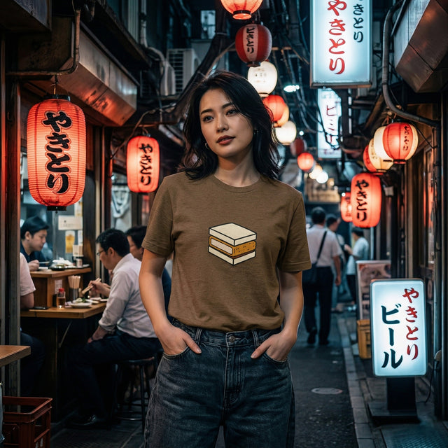 ランタンや看板が描かれた活気あふれる街並みのグラフィックデザインが施された茶色のTシャツを着た女性。