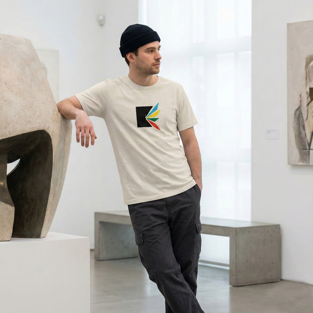 ICHINICHI unisex staple t-shirt in heather dust beige featuring abstract black square graphic with colorful cyan yellow green and red shards worn by a male model in a modern art gallery setting.