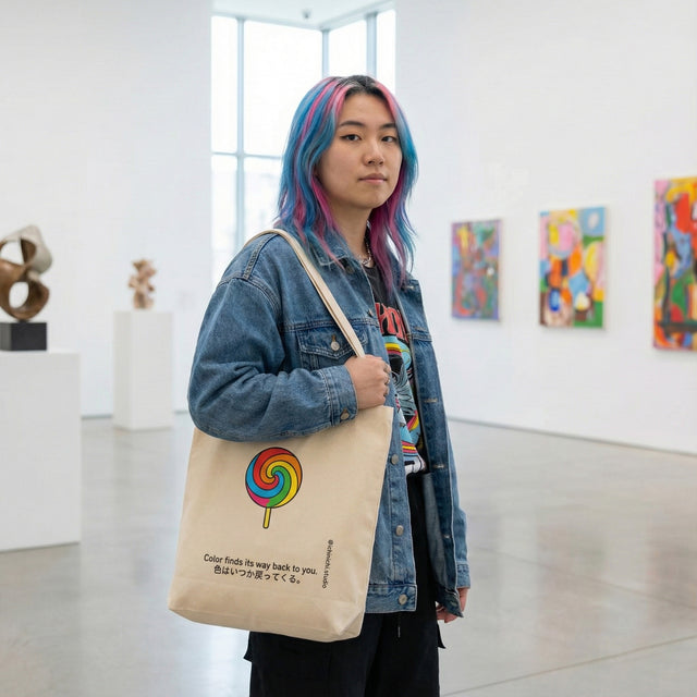 Person holding a tote bag with a colorful design in an art gallery.