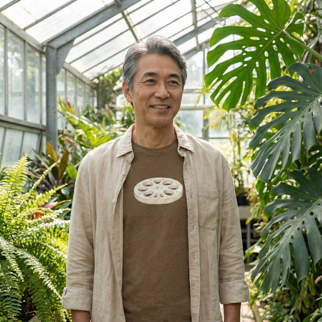 Heather brown t-shirt featuring a detailed illustration of a sliced lotus root (renkon), worn by a mature man in a lush botanical greenhouse setting.