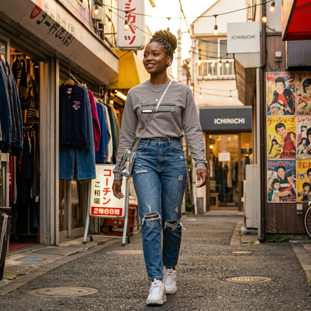 Woman walking down a street in an urban setting with shops and posters.
