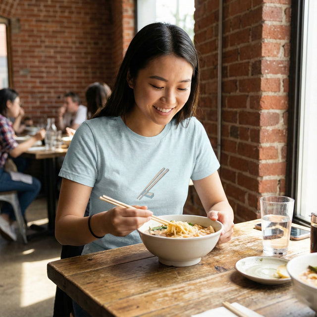 Woman eating noodles at a restaurant with a casual atmosphere