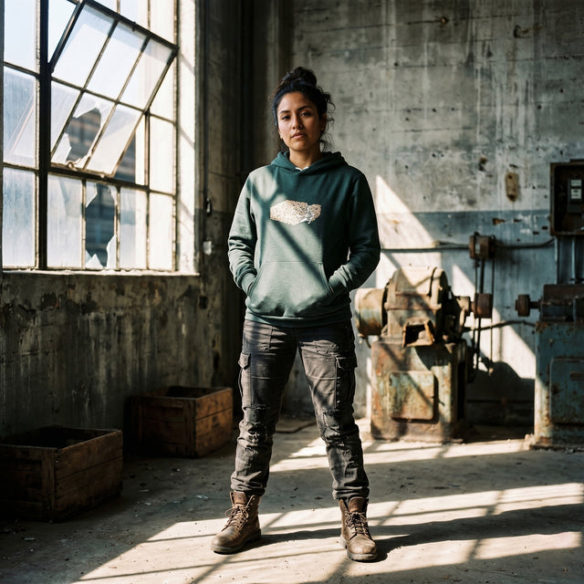 Person wearing a green hoodie and dark pants standing in an industrial setting with large windows.