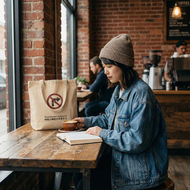 Beige canvas tote bag with "Time Erodes Authority" and Japanese text, held by a young woman in a Tokyo coffee shop.