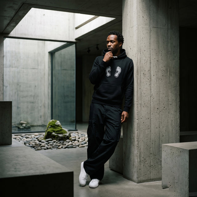 Man in black hoodie and pants leaning against a concrete wall in a modern indoor setting.