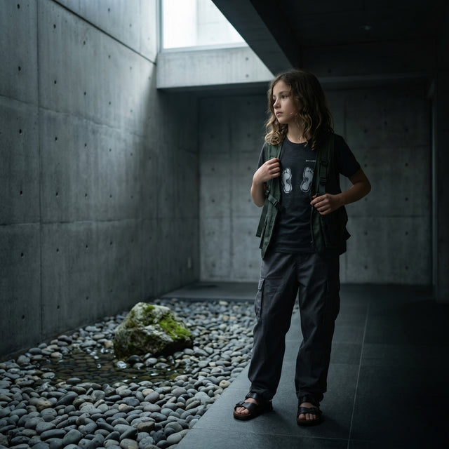 Child standing in a modern architectural setting with concrete walls and pebbles.