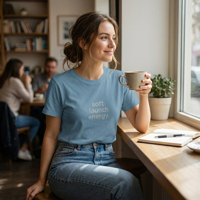 Woman in a blue t-shirt with 'soft launch energy' text, holding a mug in a casual setting.