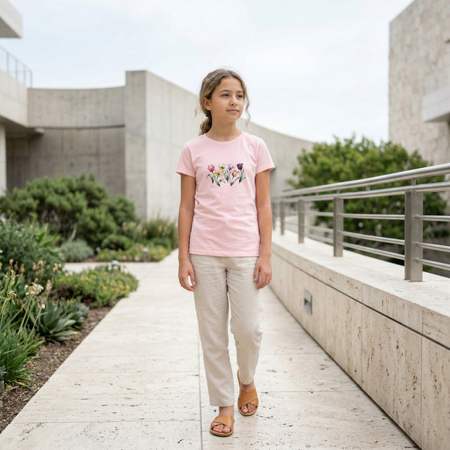 A youth model of Egyptian and Brazilian heritage wearing a light pink ICHINICHI "New Growth Arriving" tulip graphic t-shirt, standing in the minimalist architectural gardens of the Getty Center under soft daylight.