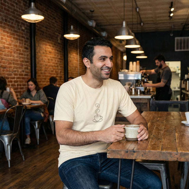 ICHINICHI unisex staple t-shirt in natural cream featuring minimalist coffee cup line art and Japanese text, worn by a model in an industrial coffee shop setting.