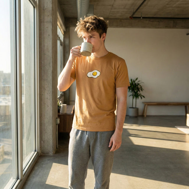Toast-colored t-shirt featuring a cartoon fried egg graphic worn by a young man in a sunlit modern loft apartment.