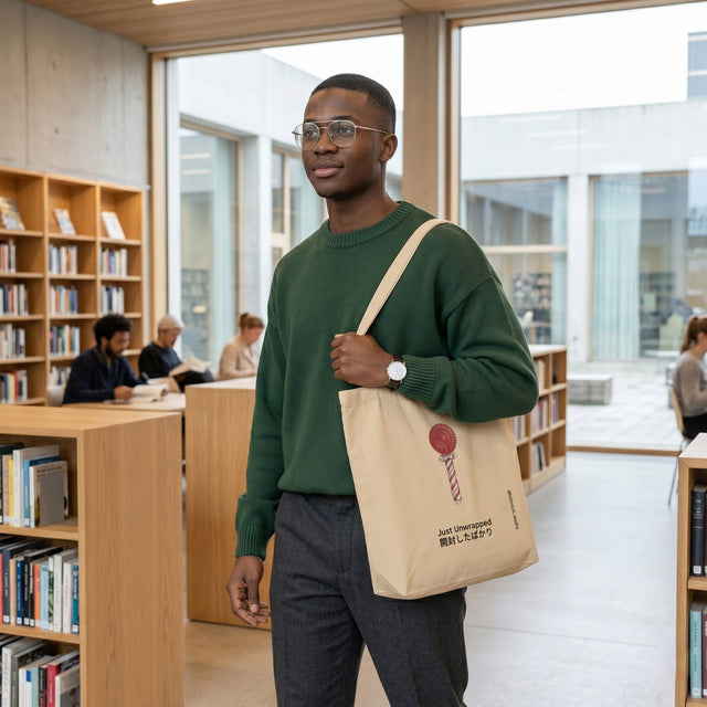 Man holding a beige tote bag with a library in the background