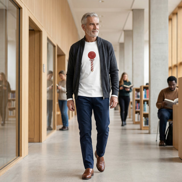 Man walking in a library or bookstore with bookshelves and people in the background