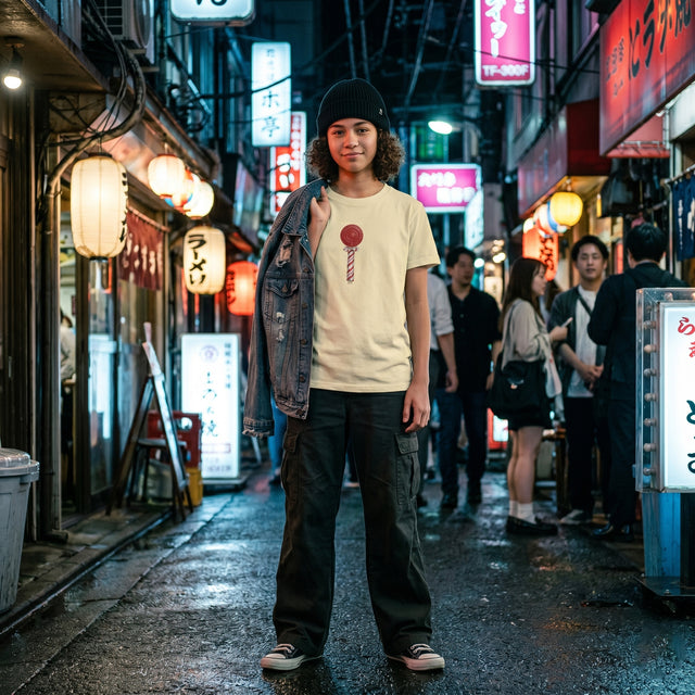 Person standing in a neon-lit street with various signs and people in the background
