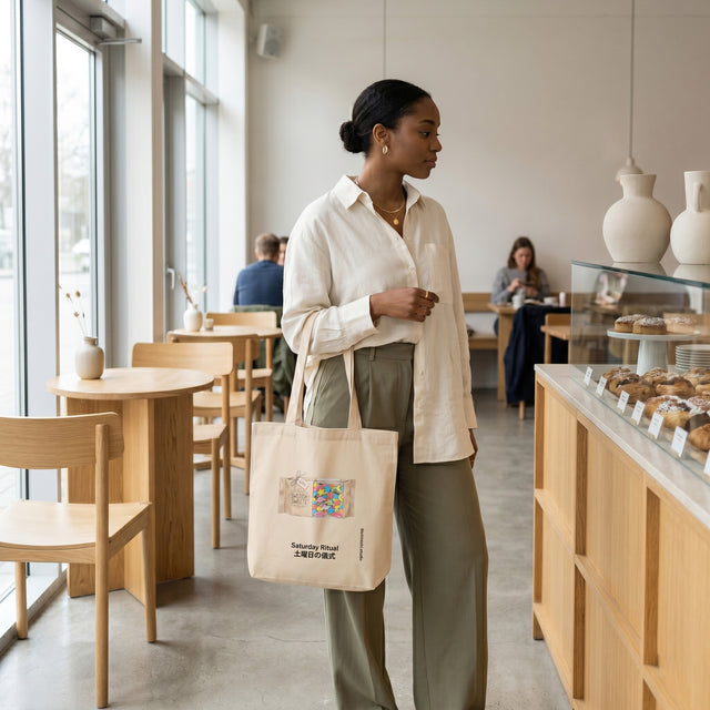 Woman walking through a cafe holding a tote bag with a visible brand logo.