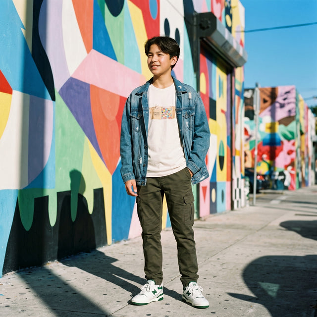 Person standing in front of a colorful mural on a street.