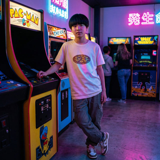 Person standing next to a Pac-Man arcade machine in an arcade setting with neon lights.