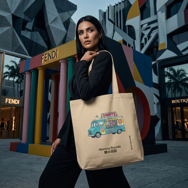 A high-fashion editorial shot of a Brazilian woman in her early 30s carrying the "Morning Rounds" oyster-colored eco-tote bag in the Miami Design District.