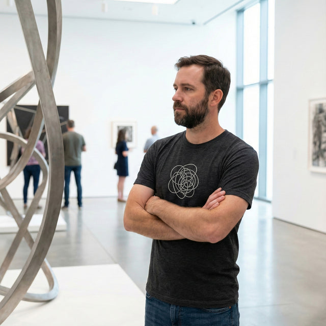 Man in a dark t-shirt with a geometric design standing in an art gallery.
