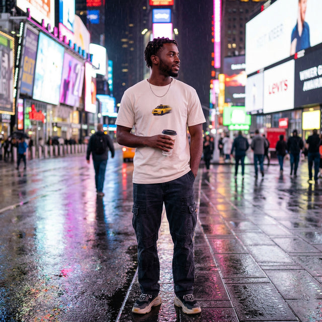 Man standing in a bustling city street at night with neon lights and people around