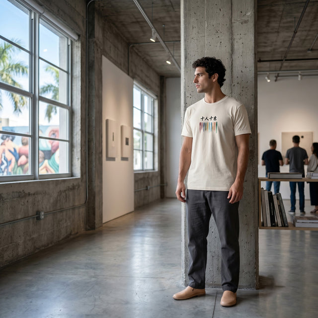 Man wearing a white t-shirt with colorful design in an art gallery.