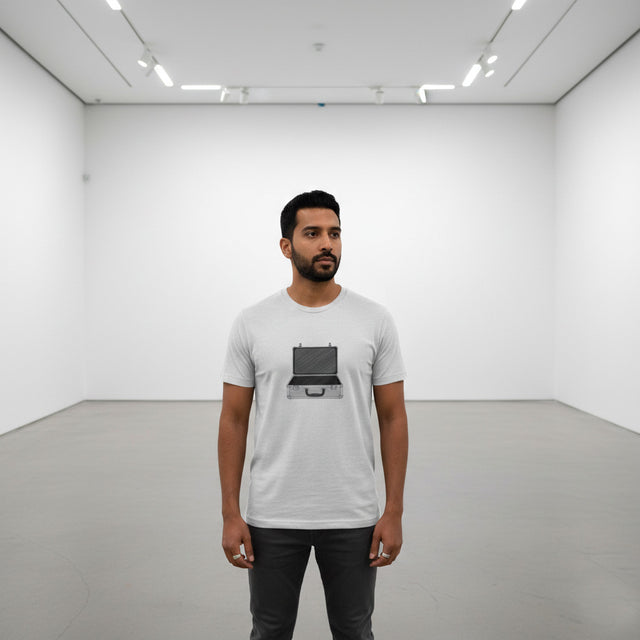 Man wearing a white t-shirt with a graphic design in a minimalistic room.