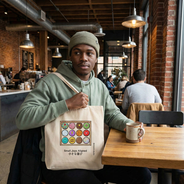 Person holding a tote bag with a colorful design in a cafe