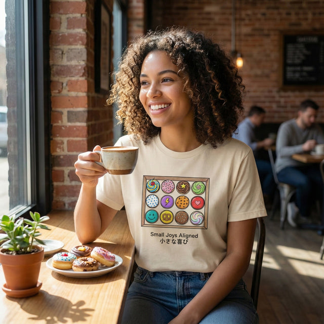 Woman sitting at a table in a cafe, holding a cup of coffee and wearing a t-shirt with a colorful design.