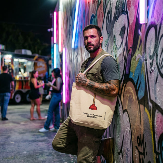 A man at night holding a tote bag with a toilet plunger drawing.