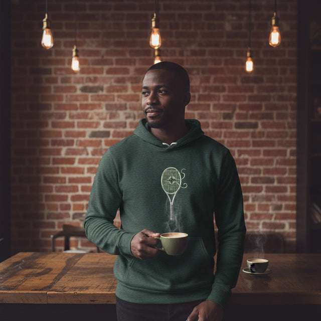 Man in a green hoodie holding a steaming cup in a cozy setting with brick wall and hanging lights.