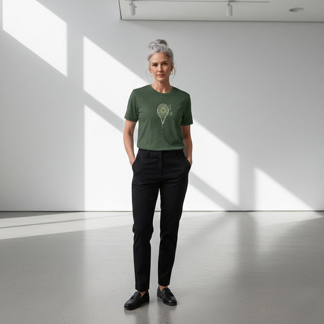 Person wearing a green t-shirt and black pants standing in a well-lit room with white walls and gray floor.