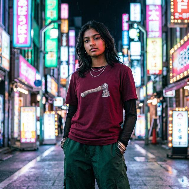 Person wearing a maroon t-shirt with an axe graphic in a neon-lit city street at night.