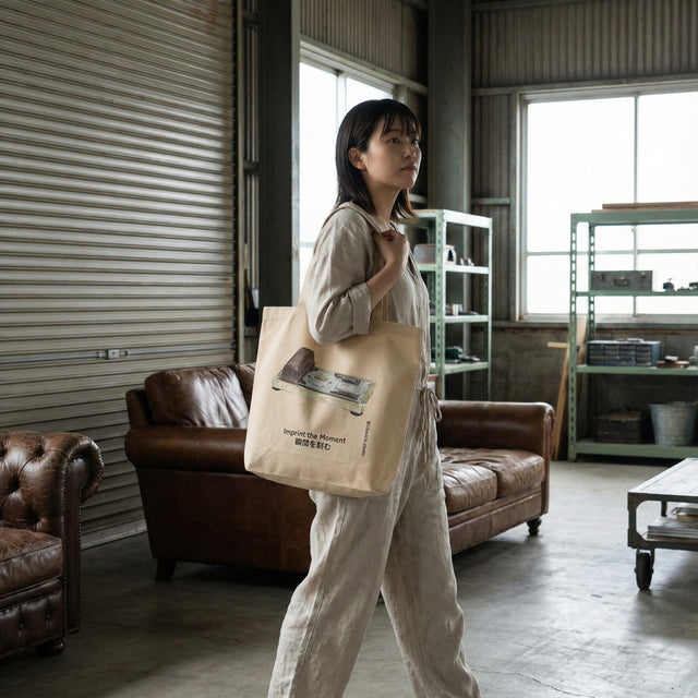 Woman in her 20s carrying the beige ICHINICHI tote bag with the vintage hole punch illustration and "Imprint the Moment" text, in a rustic warehouse studio setting.