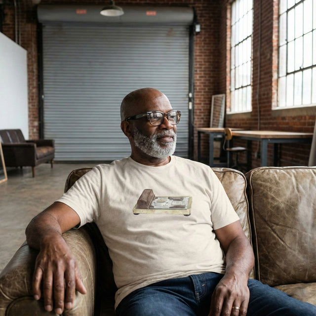 Man sitting on a couch wearing a beige t-shirt with a graphic design, in an indoor setting with brick walls and large windows.