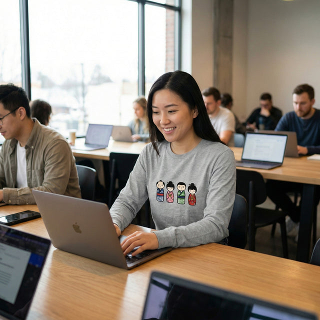 Woman using a laptop in a classroom setting with other students.