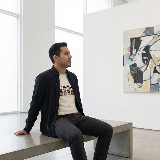 Man sitting on a bench in a modern art gallery with abstract painting in the background