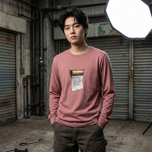 Person wearing a pink long-sleeve shirt with a graphic design in an industrial setting