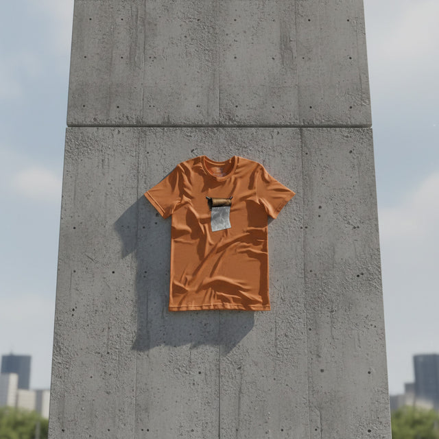 Brown t-shirt on a concrete pillar with a cityscape background