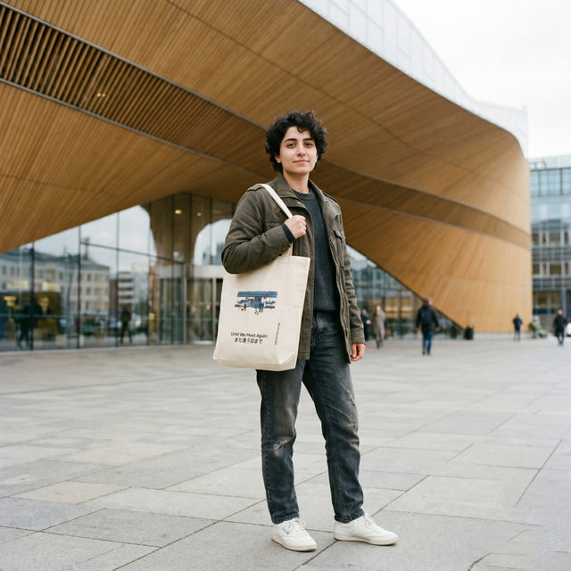 Person holding a tote bag in front of modern architectural building