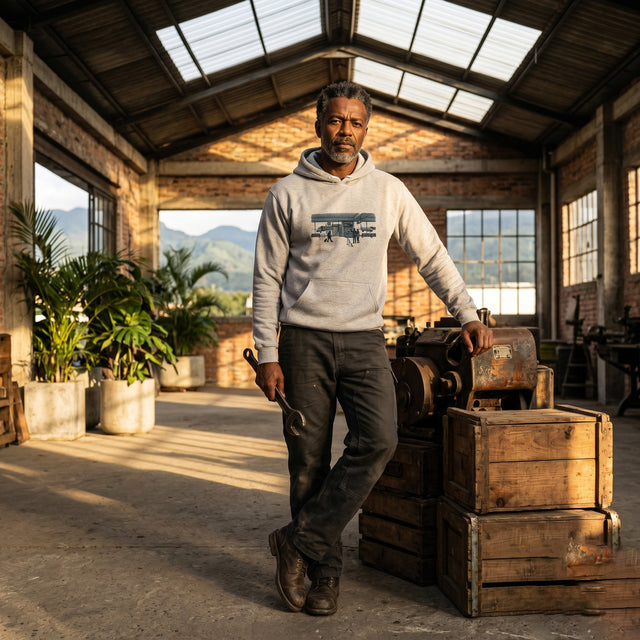 Man in a gray hoodie standing in a sunlit warehouse with wooden crates and plants.