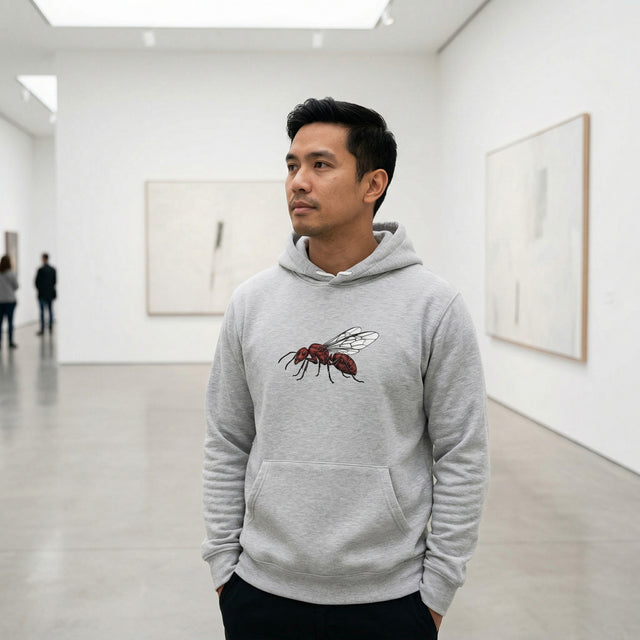 Man wearing a gray hoodie with an ant design in a gallery setting