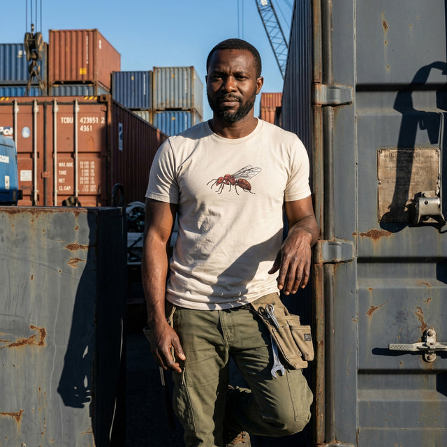 Man standing in front of shipping containers with cranes in the background