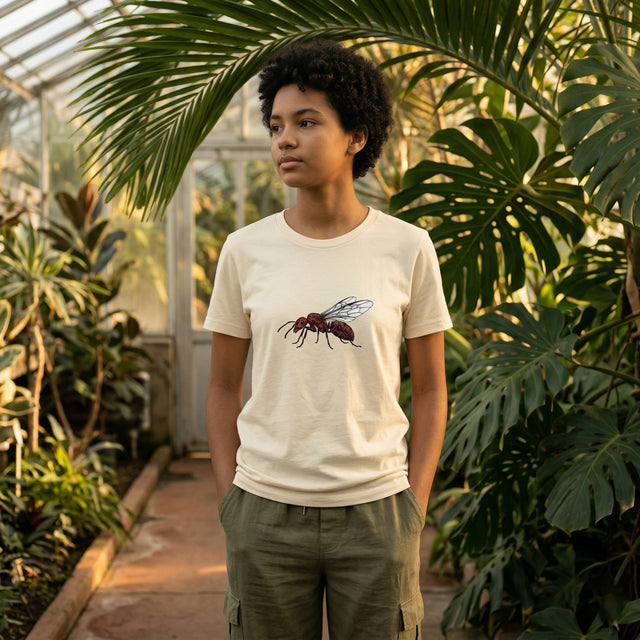 Person wearing a t-shirt with a graphic design in a greenhouse setting