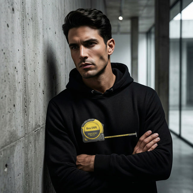 A close-up lifestyle photograph of a Puerto Rican male model in his 30s wears a black hoodie featuring a yellow tape measure graphic, leaning against a brutalist concrete wall in a high-fashion Miami gallery.