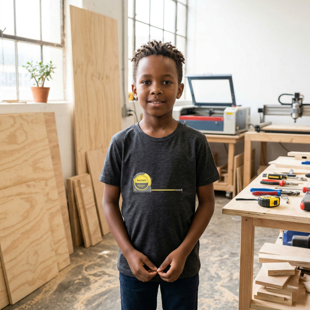 A close-up lifestyle photograph of a Kenyan boy wearing a charcoal gray heather Ichinichi youth staple tee with a detailed yellow tape measure graphic. He stands in a sunlit wood workshop surrounded by raw plywood.